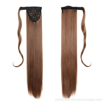 Wholesale ombre Long Straight Clip in Wrap Around ponytail Green Hair Extensions Synthetic Fiber Hairpiece Ponytail for Woman